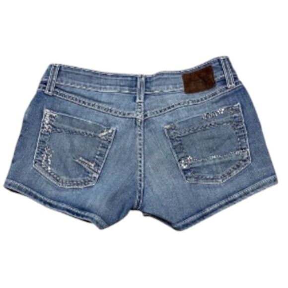 BKE Starlite Low Rise Denim Shorts 26 Stretch Distressed Embroidered EUC - Picture 3 of 12